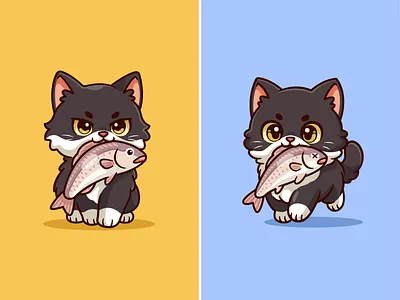 Cat with a Fish🐈🐾 animal bite branding cat catch character cute doodle eating fish flat food icon illustration kitty logo paw pet sketch walking