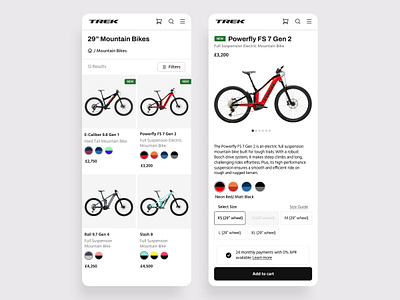 Bike Brand Mobile E-Commerce Page - Trek Bikes Re-Design bike brand bike business bike ecommerce page bikes design ecommerce ecommerce shop light mode mds mobile ecommerce shift nudge shop page ui design