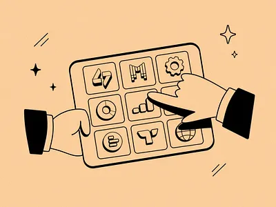 Business Marketing illustration with tools animation app icons cover graphic design illustration kling marketers marketing motion motion graphics tablet tap