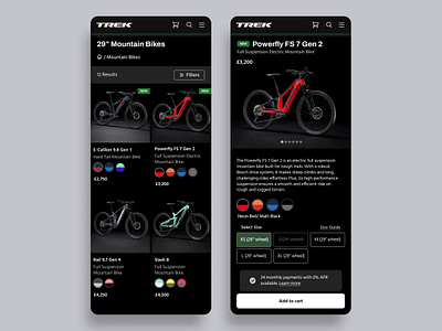 Bike Brand Mobile E-Commerce Page Dark - Trek Bikes Re-Design bike brand bike business bike ecommerce page bikes dark mode design ecommerce ecommerce shop mds mobile ecommerce shift nudge shop page ui design