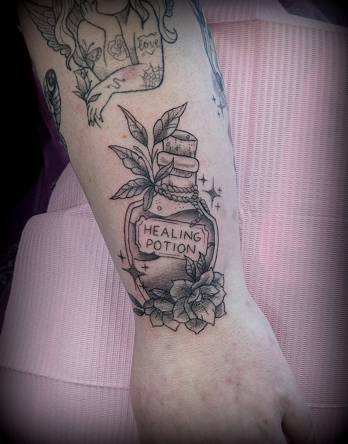 Potion Bottle blackandgrey graphic design potion bottle potion bottle tattoo tattoo tattooartist tattoos uktattoo wirraltattoo