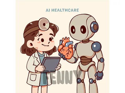 Cartoon Girl in White Coat Holding Tablet and Smiling ai assistant automate automation bot business care cyborg digital digitalization healthcare help mobile procedure process robot robotics rpa software technology