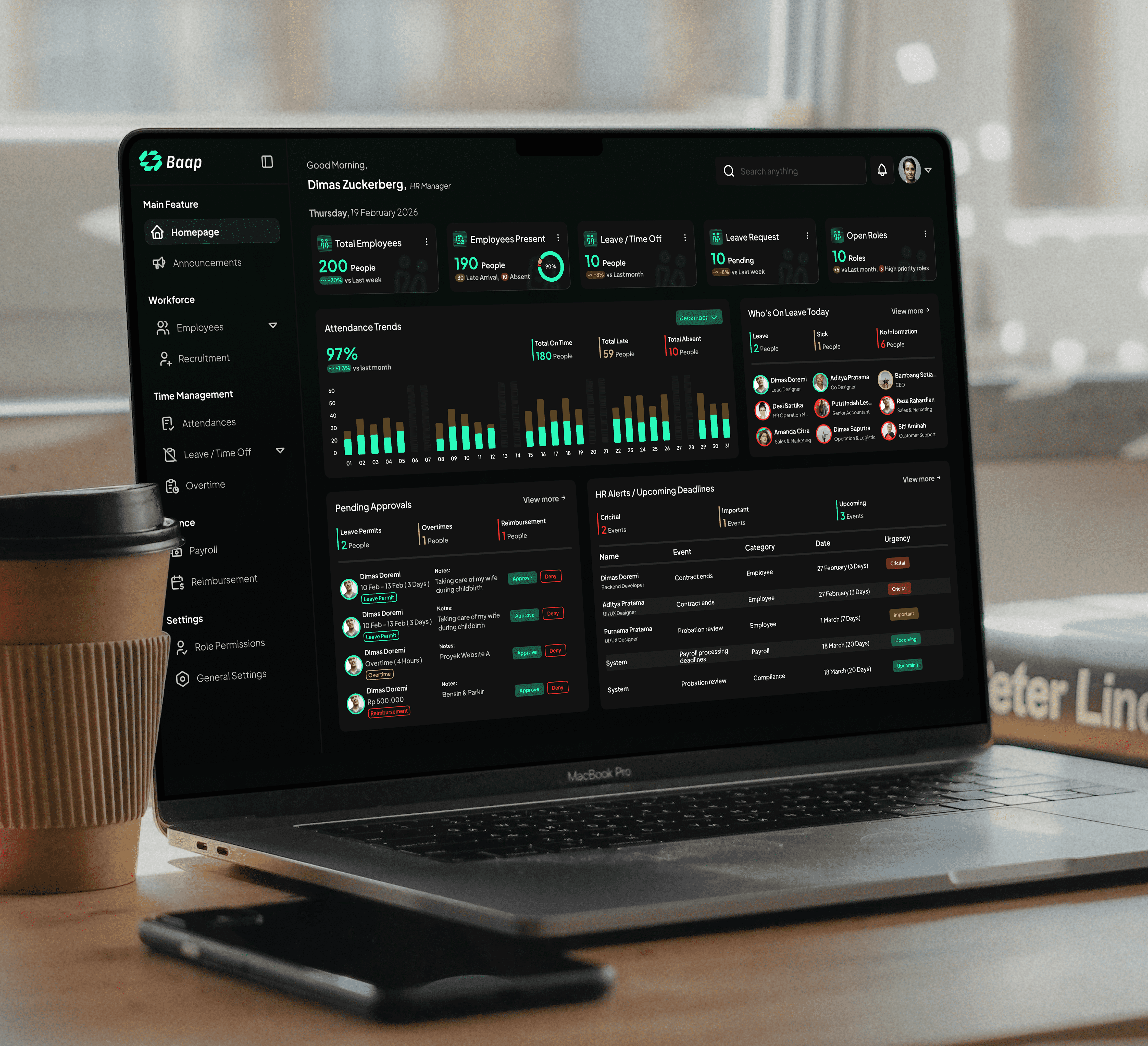 Baap HRM— HR Management Dashboard UI dark mode dark ui dashboard design system hrm human resources minimalist product design saas design ui ux