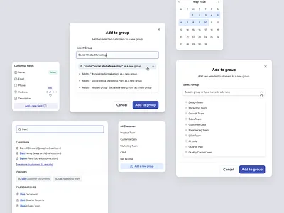 Group & Search Components add to group all customers calendar cards components mobile design modals move to group product design search search to type select group settings type search type to add group type to search ui