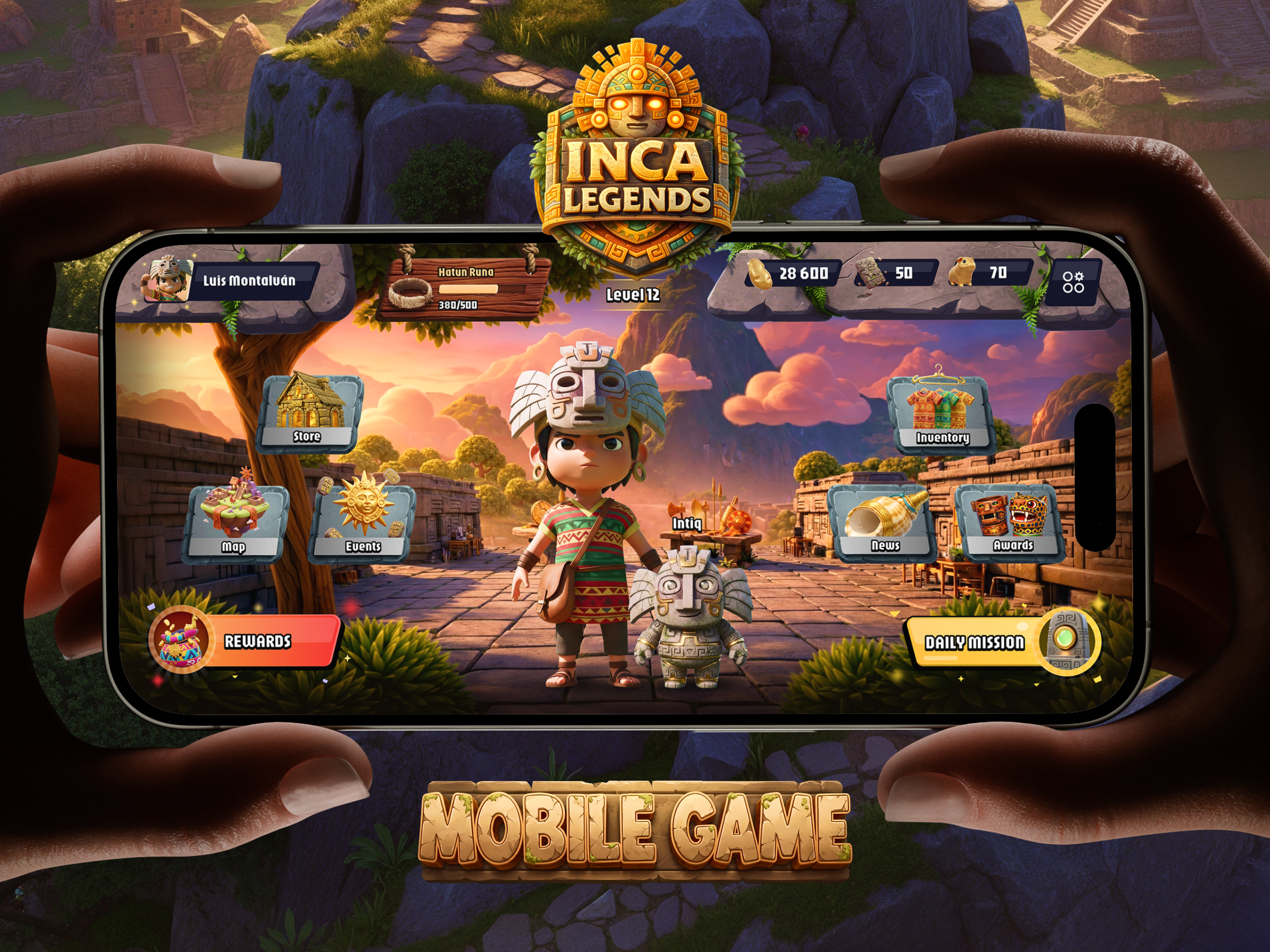 Inca Legends - Mobile Videogame Concept ai app design artificial intelligence case study character illustration innovation interface design ios machu picchu mobile app mobile game product design ui design ux design videogame