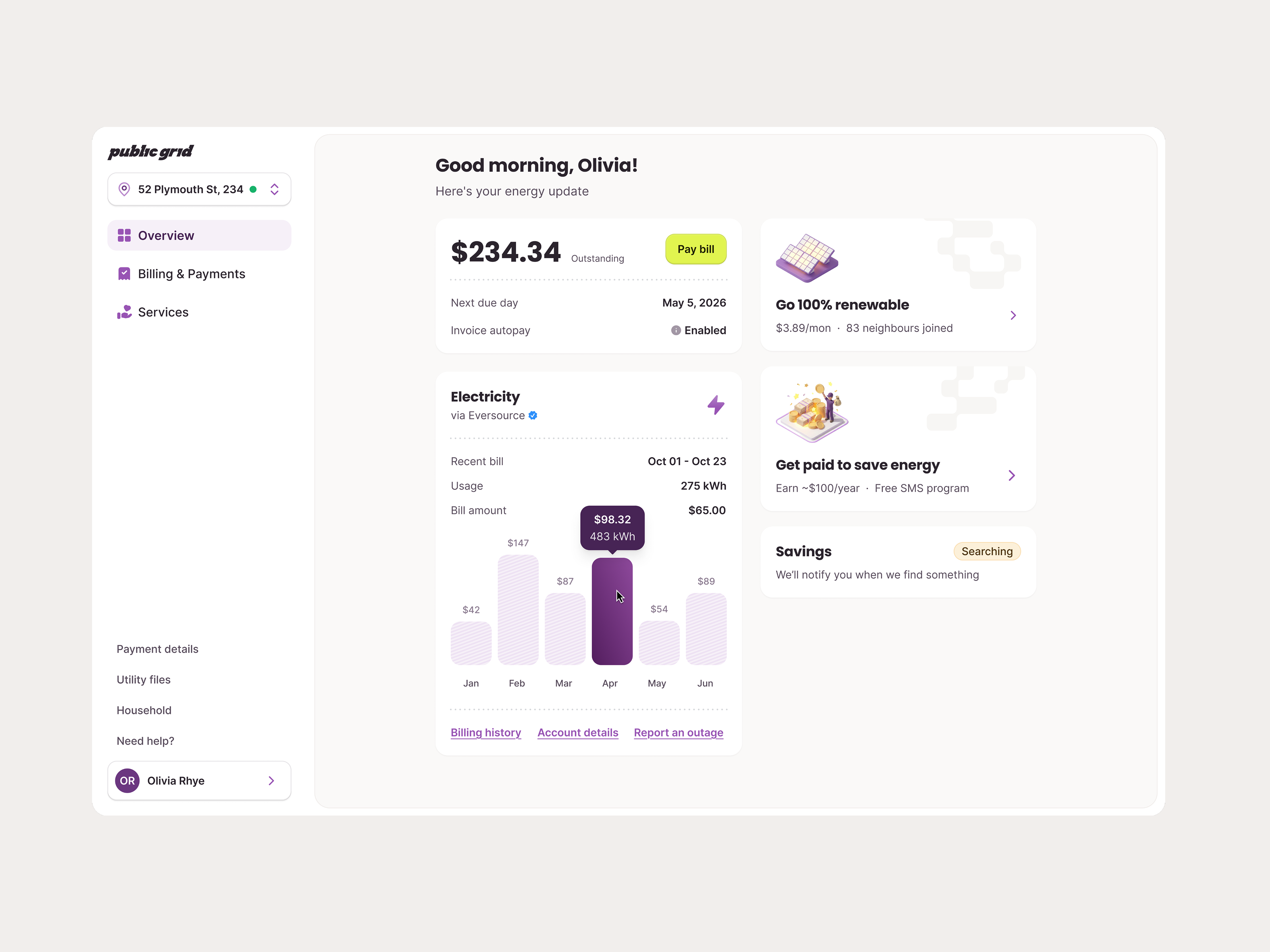 Dashboard overview for Public Grid bar chart bill billing chart comparison crm dashboard energy pay bill renewable energy savings sidebar ui utilities utility utility account utility bill