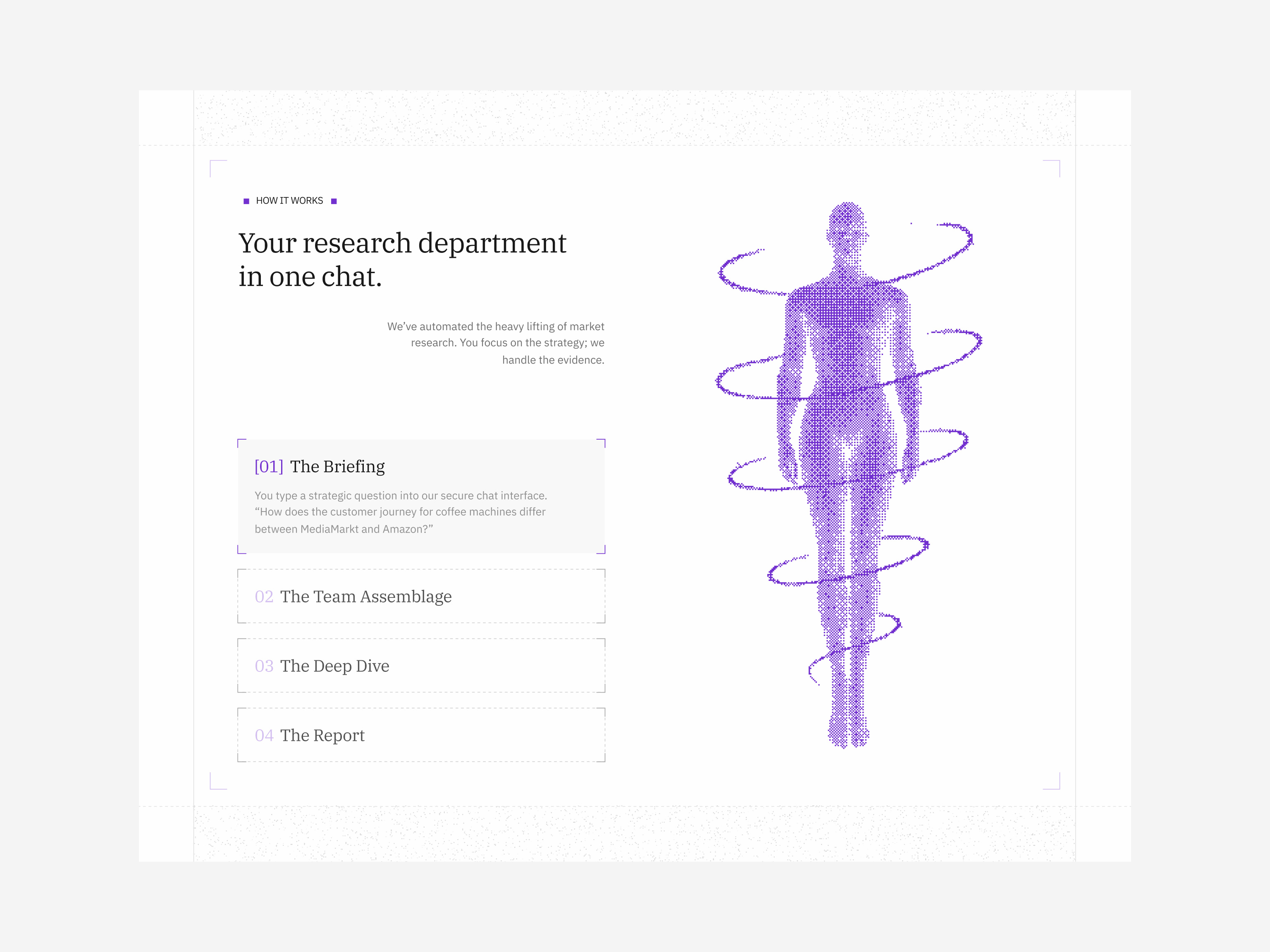 How It Works Section design dither futuristic humanoid illustration light retro ui website