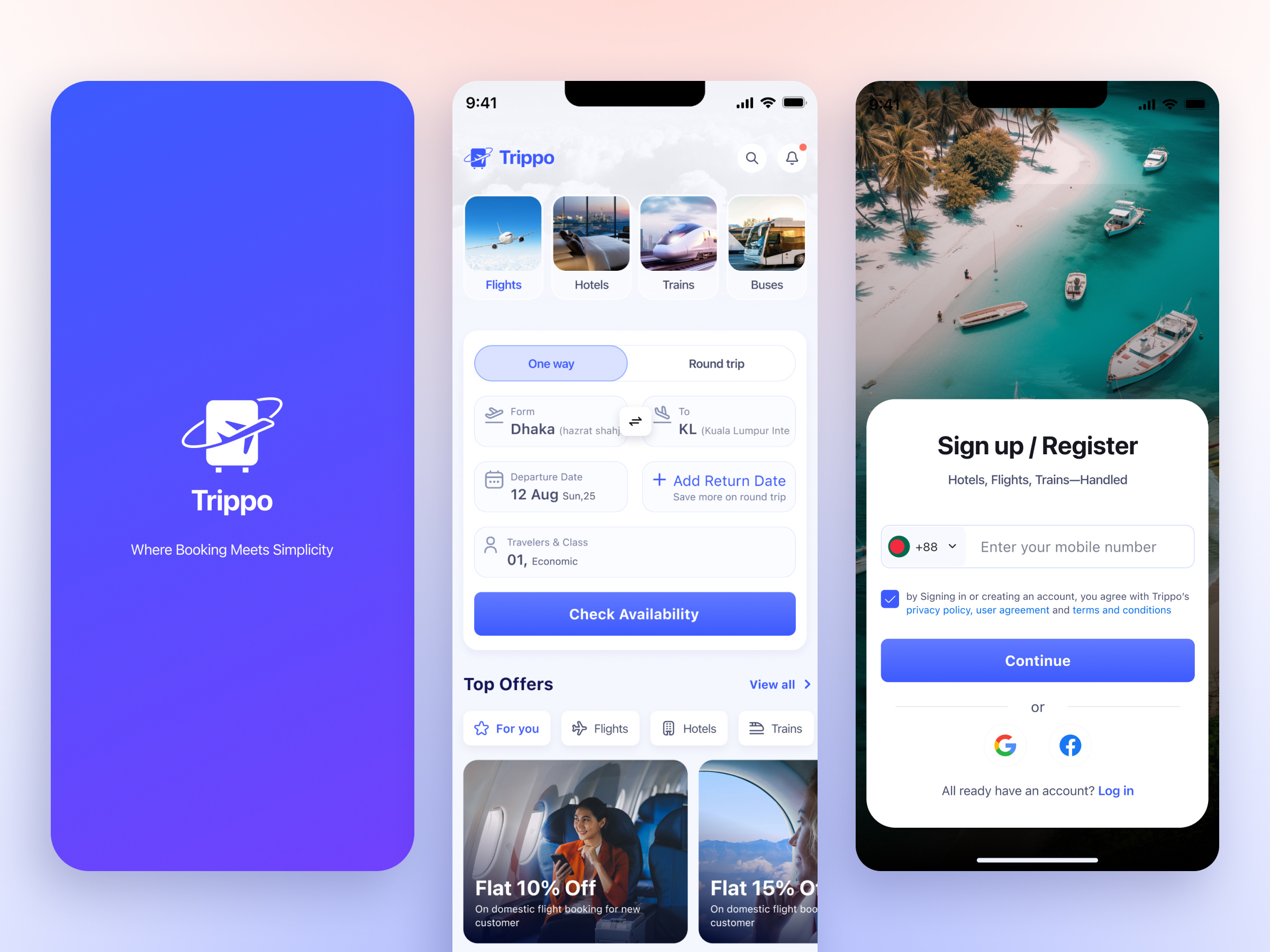 Trippo – Travel Booking App UI 3d animation booking app branding figma graphic design ios app logo mobile app design motion graphics product design startup app travel app ui ui design ux design