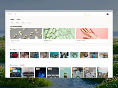 Crowdfunding project concept, catalogue page airbnb booking cards catalog catalogue dashboard fundraising light listing menu navigation travel ui