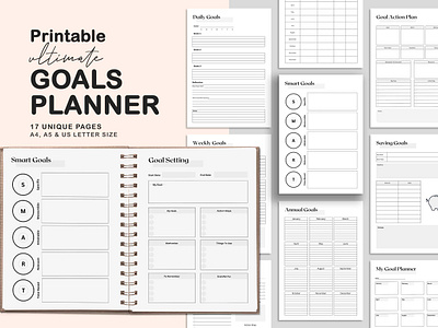 Printable Ultimate Goals Planner annual goals canva canva planner creative daily daily goals daily planner design digital planner goal action plan goal setting goal tracker goal work sheet income goals life goals monthly goals monthly planner savings goals smart goals vision board