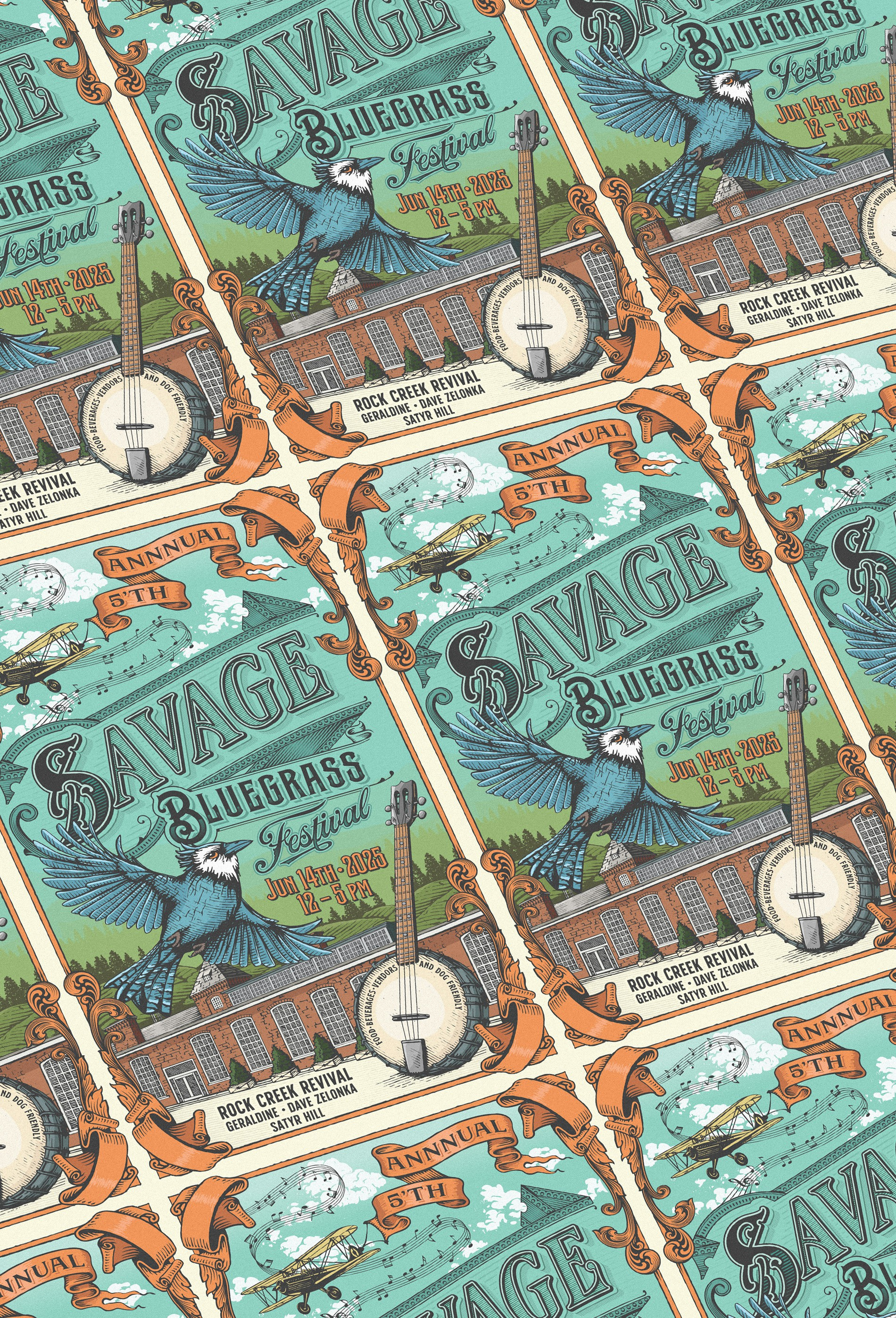 Savage Bluegrass Festival artisan banjo bird blues branding design festival festival logo graphic design guitar handcrafted illustration logo logo design plane vintage vintage artwork vintage illustration vintage work