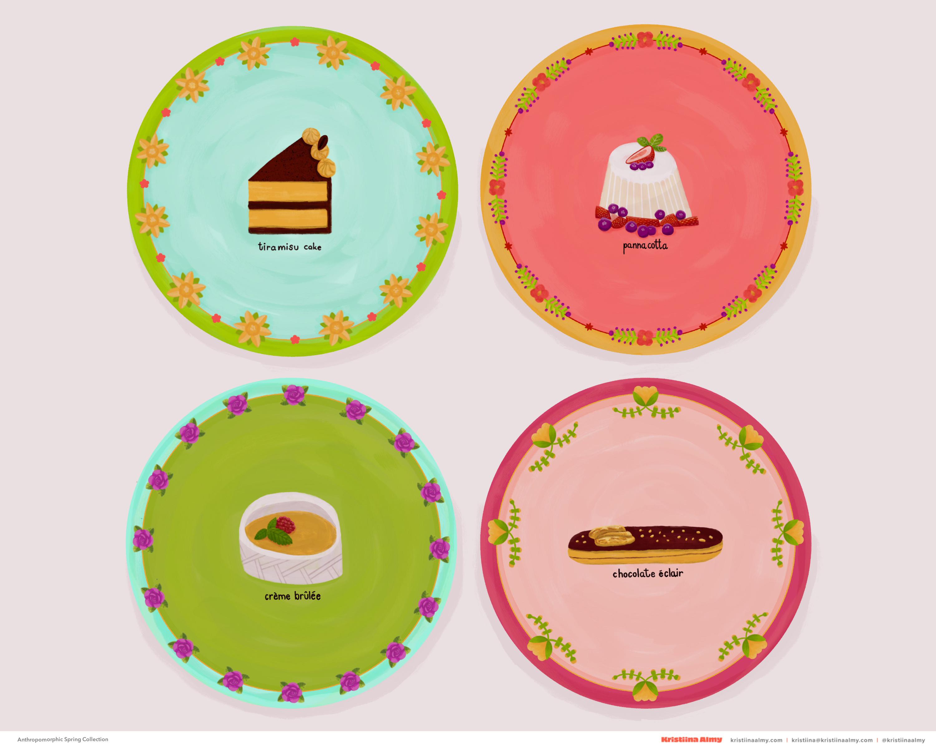 Dessert Plates branding ceramics chocolate eclair collection design colorful creme brulee decorative illustration decorative plate dessert illustration dessert plates food illustration home decor illustration panna cotta plate design surface design tableware tiramisu