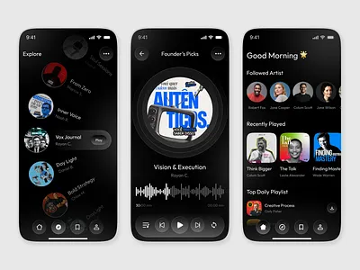 Modern Podcast Streaming Mobile App UI - Audio Player Experience app design audio player ui audio streaming audiobook dark ui entertainment app learning app listening media app mobile app mobile ui modern ui music player podcast podcast app podcast mobile app podcast player product design streaming app ui