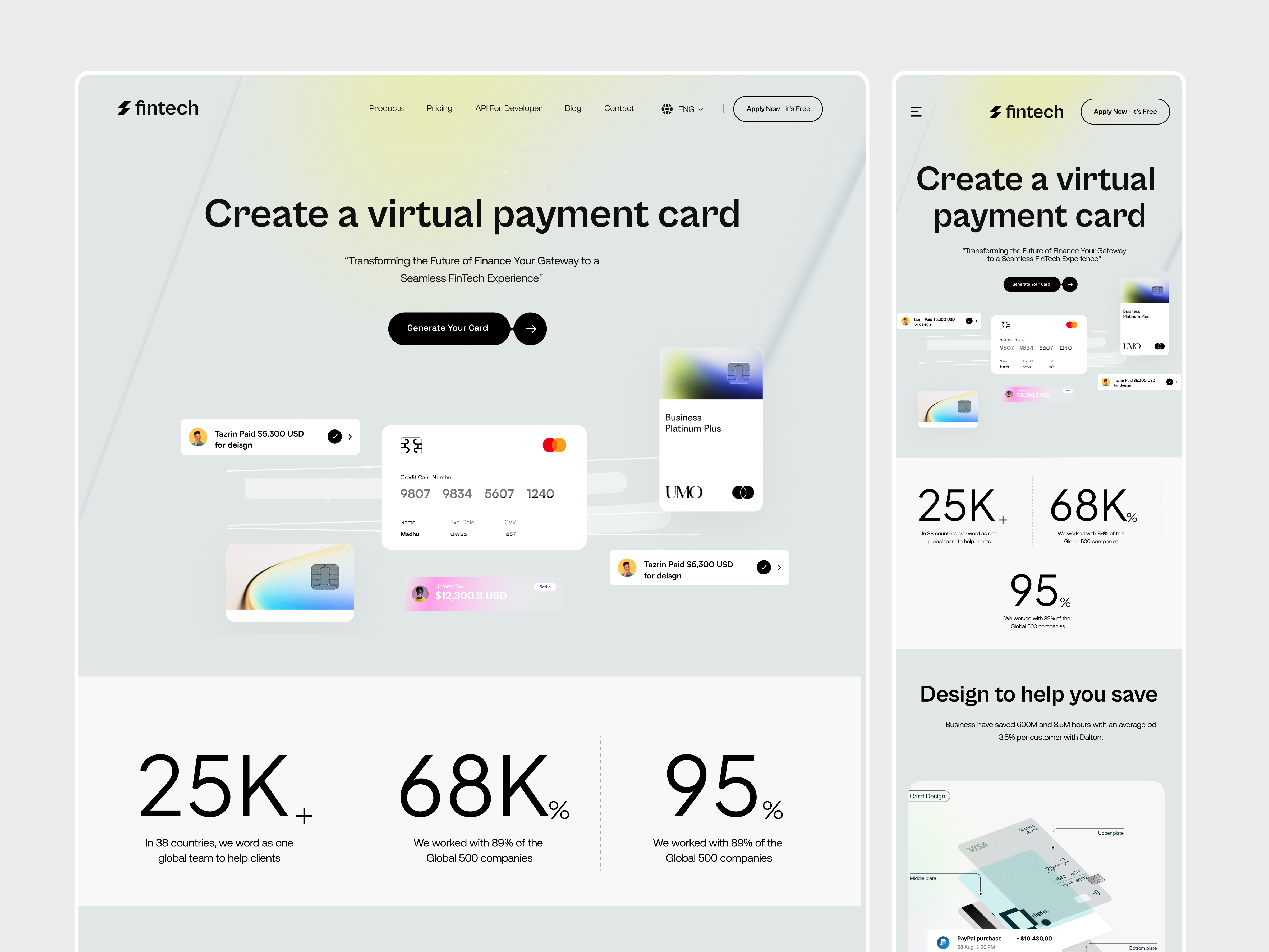 Virtual Payment Card - Finance SaaS Landing Page bank banking digital banking ui finance saas website financial dashboard ui fintech landing page landing page minimal web design modern fintech website oripio payment platform design product design saas saas website startup landing page ux design virtual payment card web design