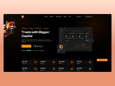 Forex Prop Firm UI—Trading Dashboard & Fintech SaaS Web App affiliate system dark ui dashboard ui financial platform fintech saas fintech ui forex prop firm forex trading platform funded trading investment platform prop firm prop trading saas landing page startup fintech trading automation trading dashboard trading platform trading web app ui ux design web app design