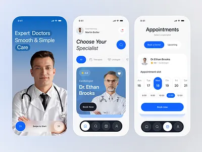 Healthcare Appointment Mobile App – Smooth Doctor Booking app design appdesign appointment booking appointmentapp b2b saas design doctor appointment app doctor booking healthcare app healthtech insurance ios app design madical booking app medical service medical ui medicalapp mobile app design online consultation app patient app telemedicine app uiuxdesign
