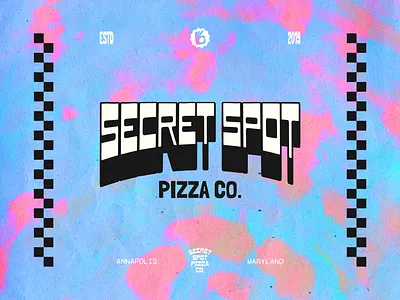 Secret Spot Pizza Co. badge brand brand design branding design graphic design icon lockup logo pizza pizza logo pizza shop retro surf tie dye type vintage