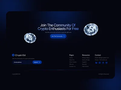 CryptEd - Crypto Community Footer Design blue dark ui bradning coaching landing page community landing page dark footer dark ui design figma figma design footer footer ui framer design framer landing page hero design landing page saas ui ui design uiux web design