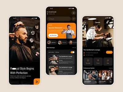 Grooming & Haircut Mobile App Concept app design barber barber app barber shop booking app dark ui design grooming app hair beauty hair salon app haircut hairdresser hairstyle ios men grooming mobile mobile app salon app salon appointment app salon booking