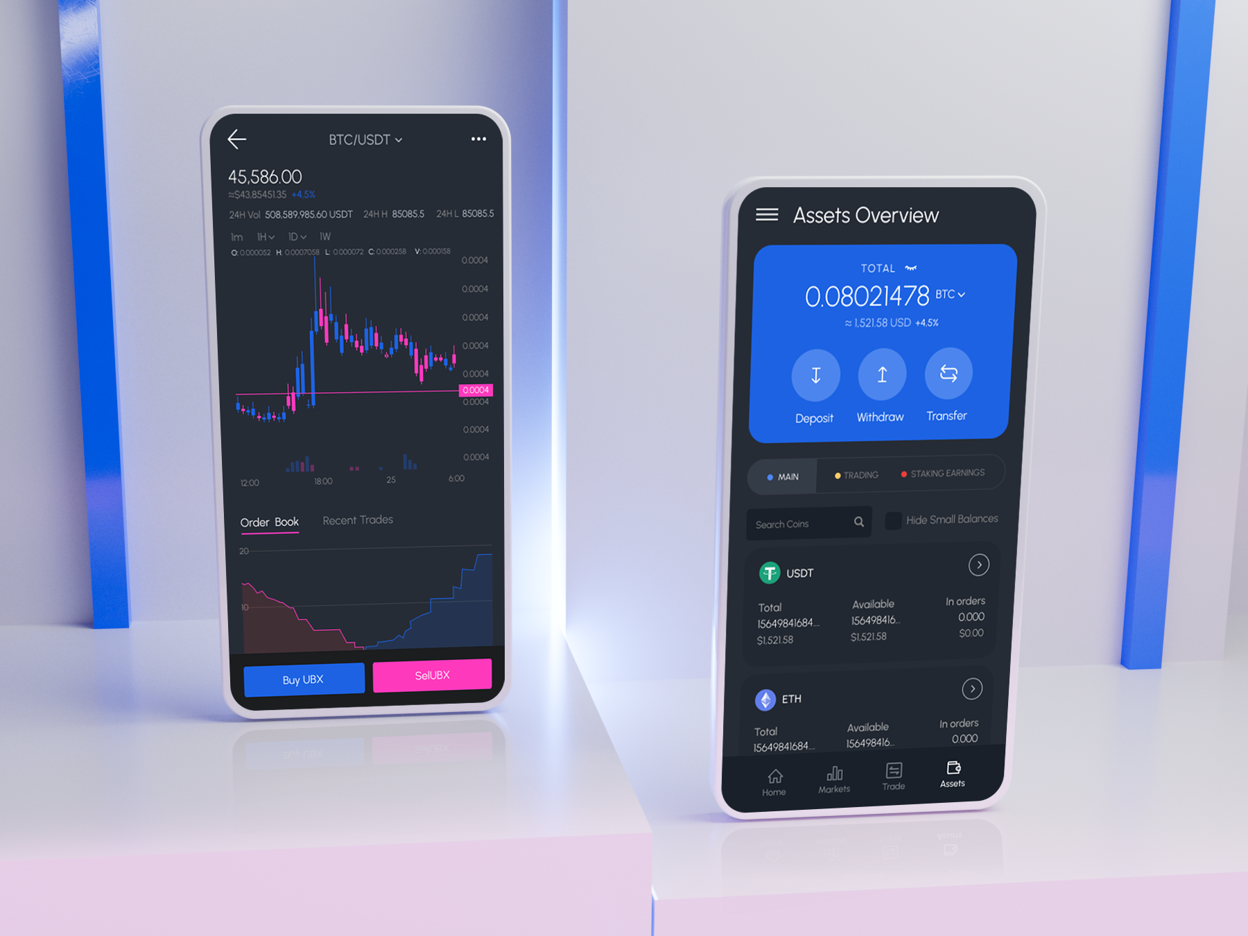 Crypto Exchange Mobile App — Assets & Market Screens app app design assets dashboard blockchain crypto crypto exchange crypto wallet cryptocurrency dark ui data visualization finance app fintech market screen mobile app product design saas trading app trading platform ui design ux design