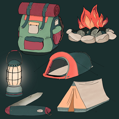 Camping illustration set camping ecology firecamp holidays illustration knife lantern nature outside summer tent