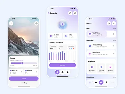 Focusly – Deep Work Coach | Distraction-Free Mobile App ai app ai productivity app app design clean ui deep work app distraction free design focus app minimal ui mobile app mobile app design mobile ui personal assistant app productivity app smart productivity task manager app time management app ux design work coach app