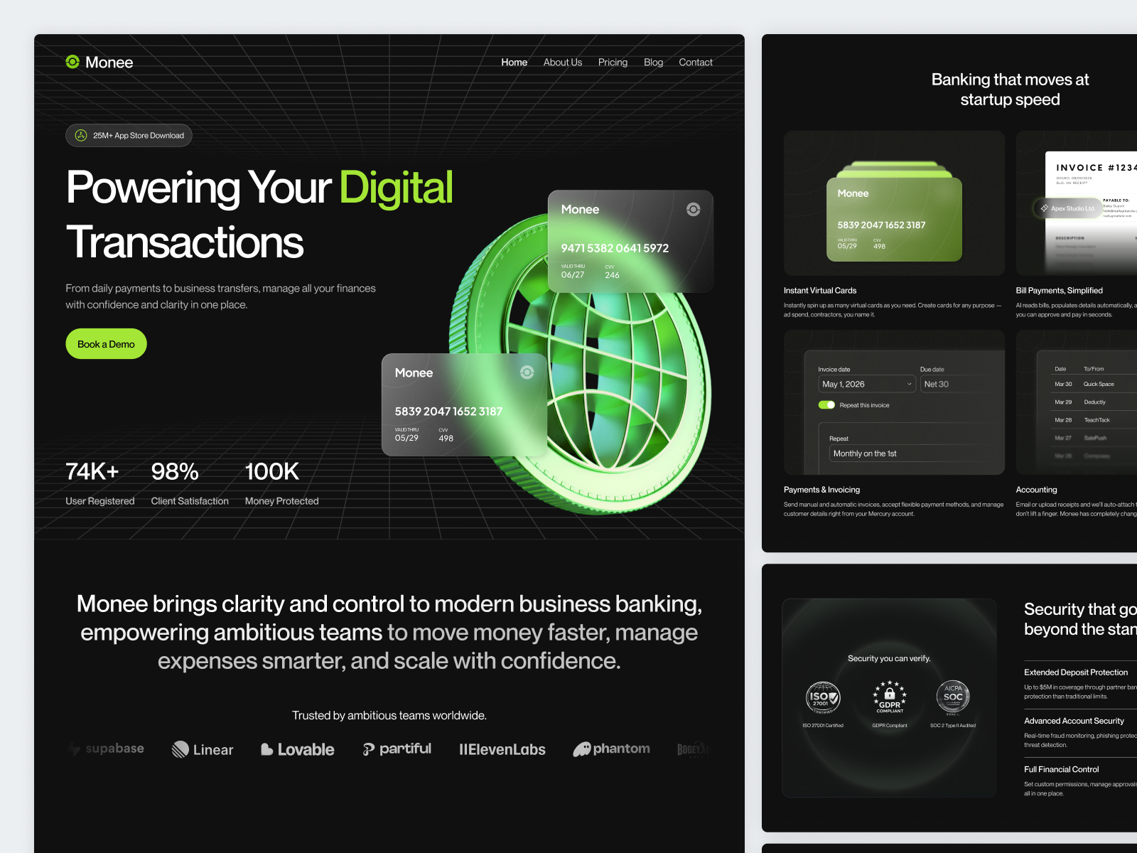 Monee - Digital Payment Landing Page 3d illustration business banking conversion design dark theme digital banking finance dashboard fintech fintech platform landing page modern ui online banking payment platform payment system product design saas website ui virtual card web design