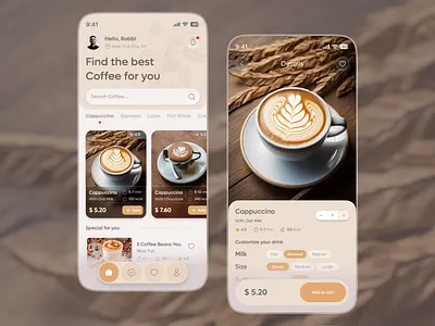 Coffee Shop Mobile App – Product & Details UI add to cart ui app ui clean interface coffee app coffee shop app customization ui ecommerce app food app food ordering app minimal app design mobile app design mobile commerce mobile ui inspiration modern ui design ordering app product details ui soft ui ui design ux design warm color palette