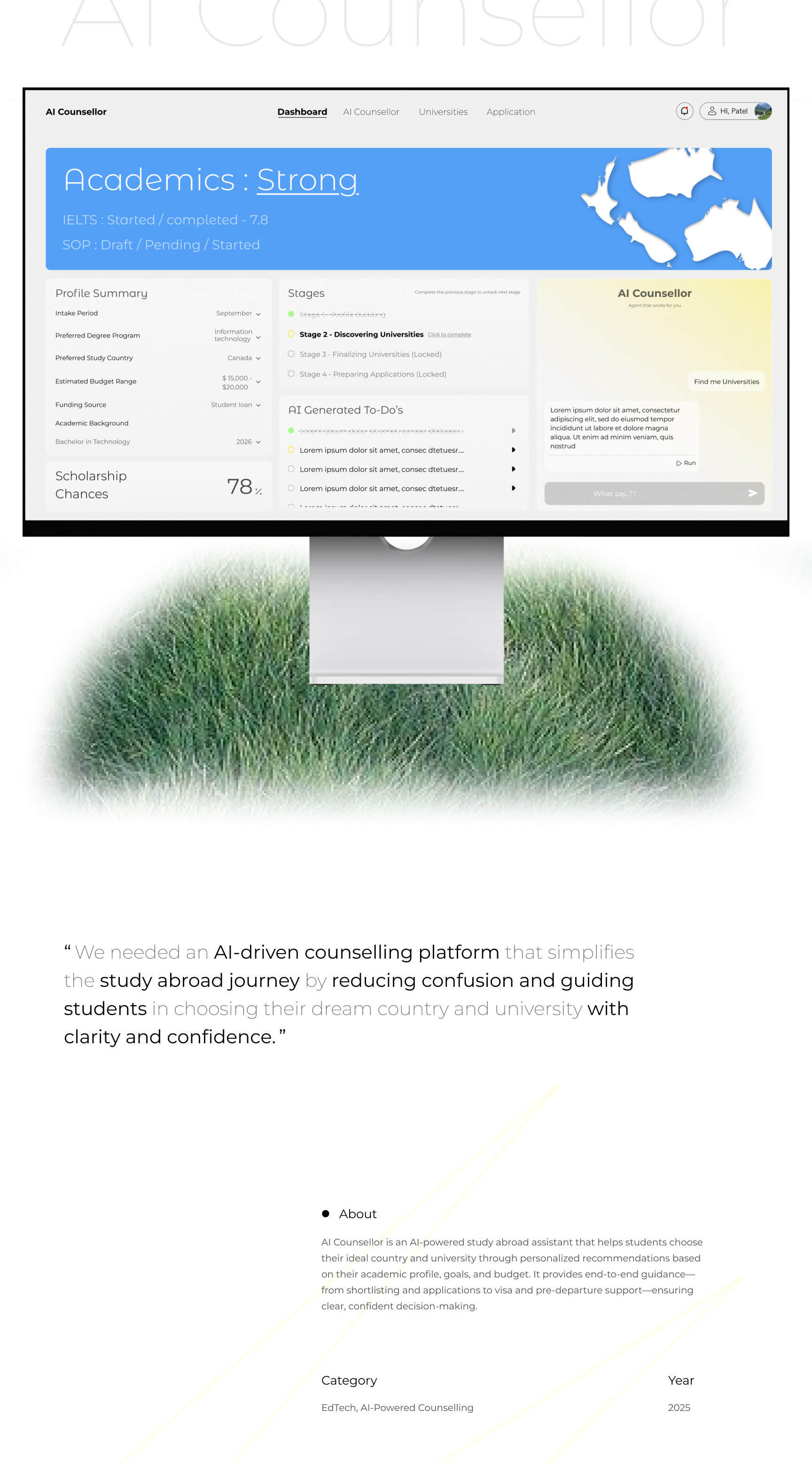 AI Counsellor - Intelligent Study Abroad Assistant ai ai app ai assistant ai counsellor ai dashboard ai design ai ui case study chatbot ui dashboard design edtech minimal ui product design saas startup ui design user experience user interface uxui web app