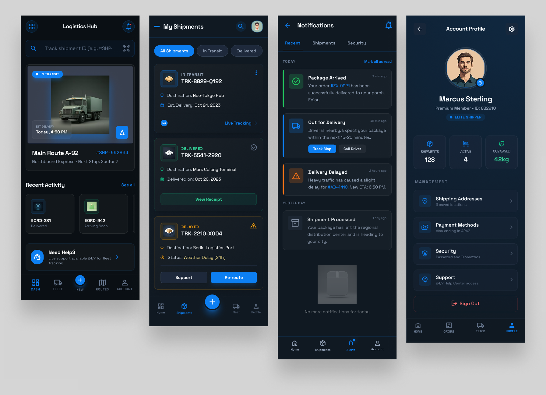 Shipment Tracking Mobile App, Dark UI app design branding dark ui dashboard ui design dribbble figma logistics mobile app mobile app design mobile app ui product design shipment tracking ui ui design ui ux design ux design