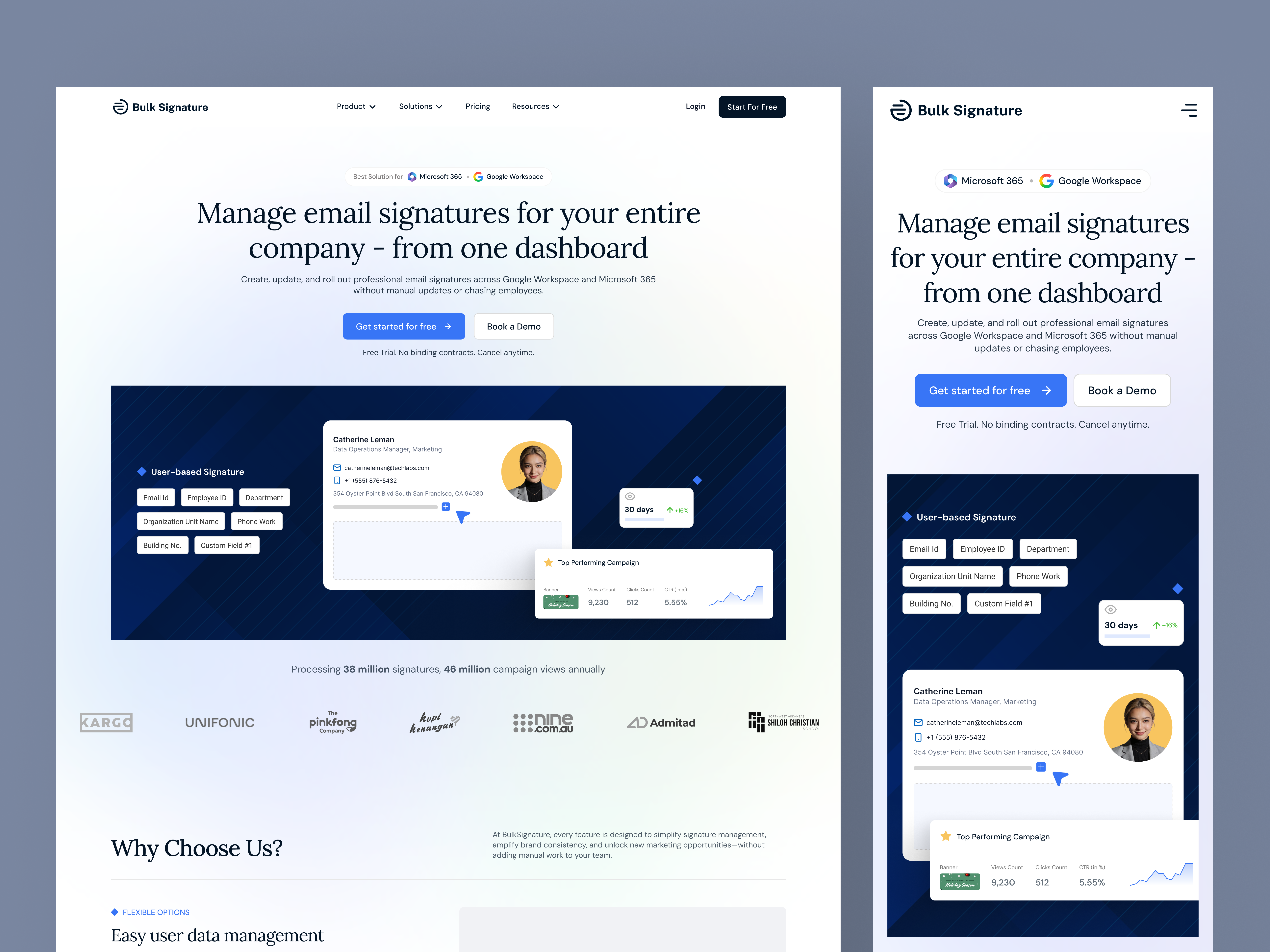 Bulk Signature saas landing page design admin dashboard b2b saas conversion rate optimization dashboard preview email signature management enterprise software figma google workspace integration hero section interface design marketing analytics microsoft 365 integration product design responsive design saas landing page startup website ui design ui ux ux design web design