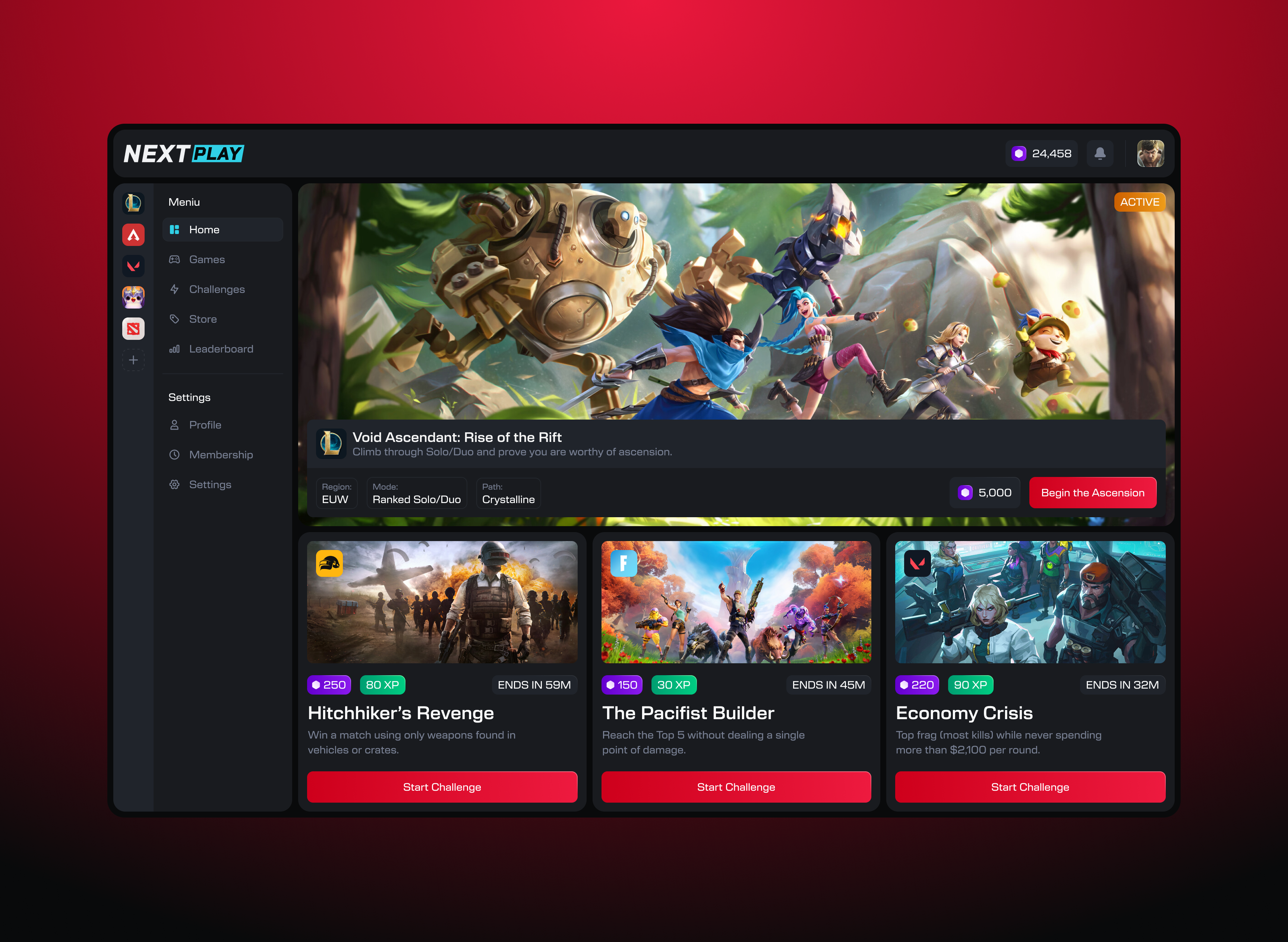 NEXTPLAY — Esports Performance & Challenge Platform UI/UX Design challenge platform competitive gaming dark ui dashboard design esports esports design figma game interface gamification gaming platform gaming ui leaderboard performance platform player progression product design rewards system ui design ux design web design xp system
