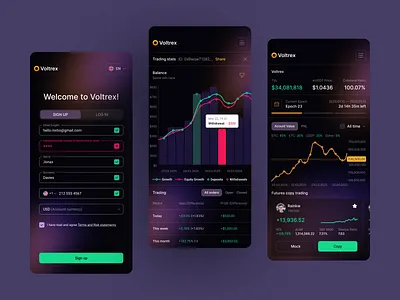 Crypto Trading Mobile App UI Design app design blockchain design crypto app crypto trading dark ui dashboard ui data visualization finance app fintech app fintech design investment app mobile app mobile app design mobile ui product design saas design tech ui trading app ui ux design web3 design