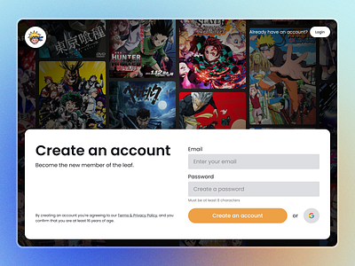 Sign up for Anime streaming website anime card cta daily design graphic design login naruto sign typography ui up web