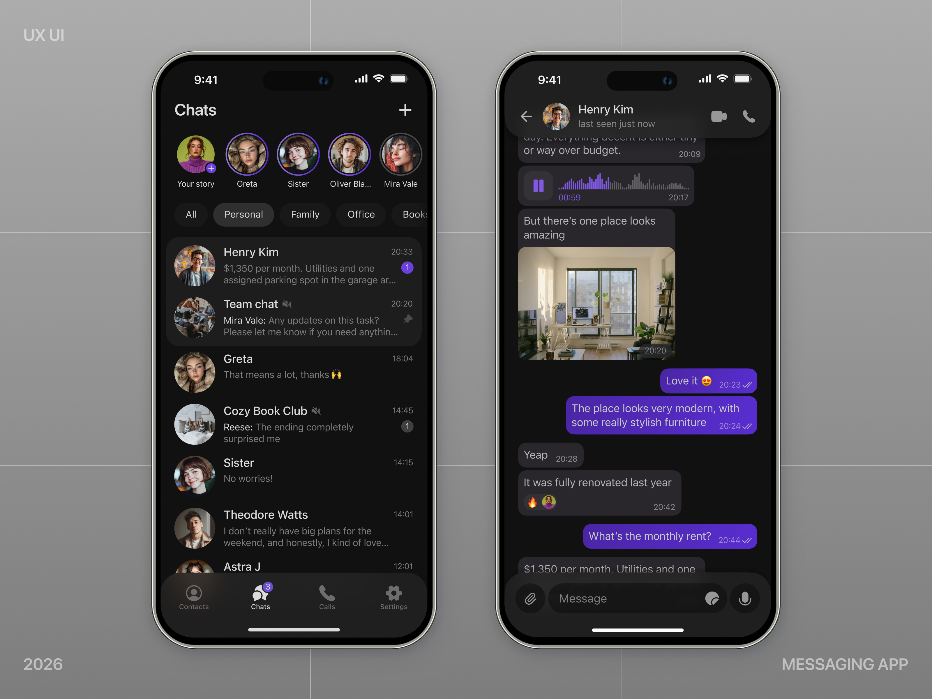WaveChat — Smart Messaging App UI Exploration chat app design chat bubbles contact list messaging layout messaging ui messenger app mobile app design modern typography social app stories swipe interaction tab bar