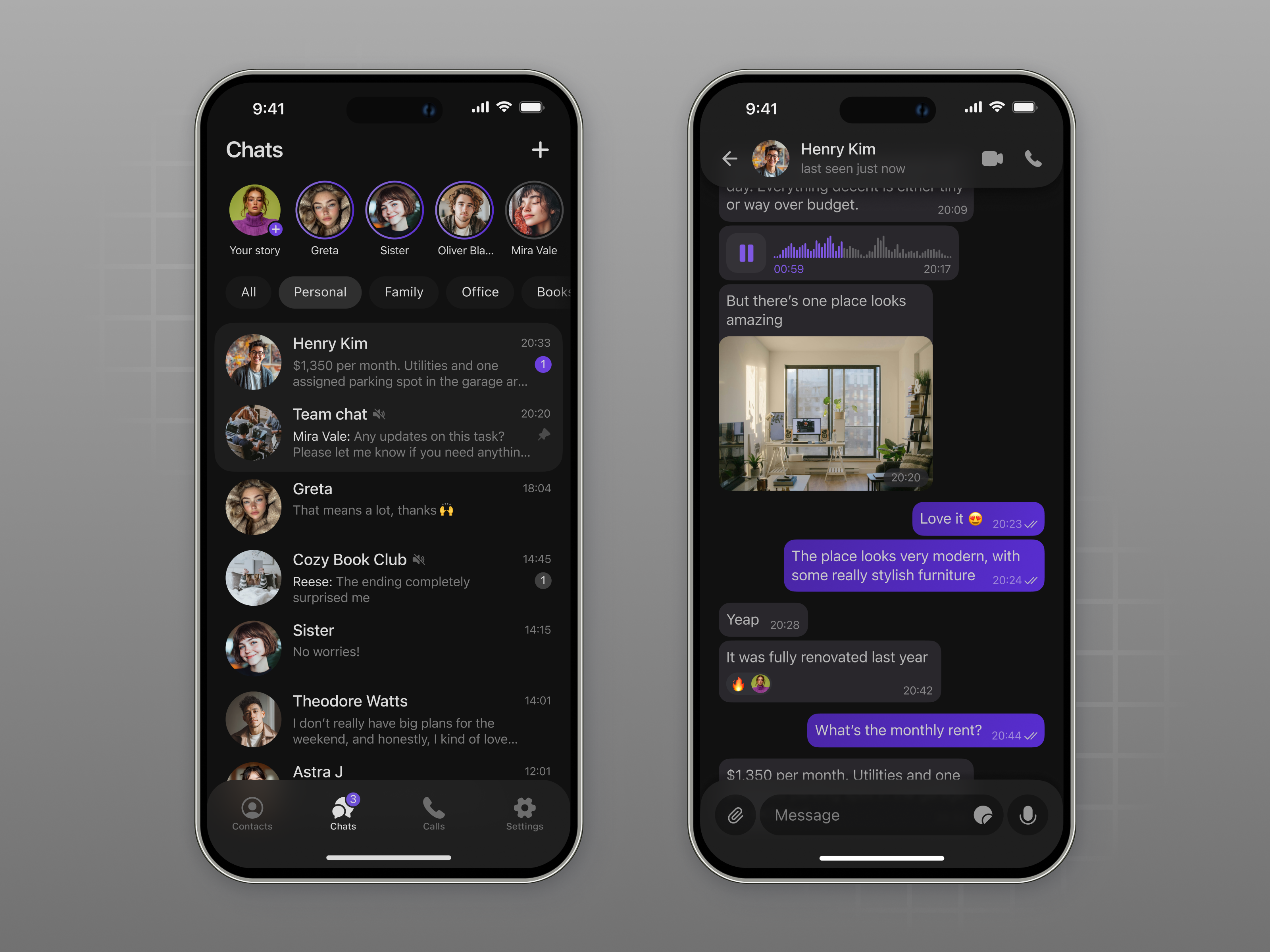 WaveChat — Smart Messaging App UI Exploration chat app design chat bubbles contact list messaging layout messaging ui messenger app mobile app design modern typography social app stories swipe interaction tab bar