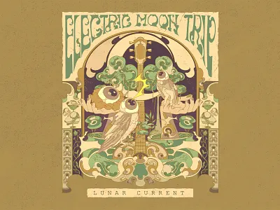 ELECTRIC MOON TRIP album cover art nouveau cosmic cover art decorative detailed illustration hand drawn line art moon music artwork music poster ornate poster design psychedelic psychedelic art retro retro illustration surreal trippy vintage