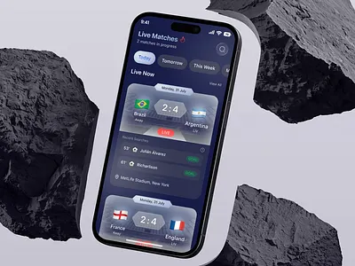 Live Matches UI Design Mobile app app design concept dark theme ui figma design football ui goal tracking live match ui live score app live sports app match tracker mobile app ui modern interface real time updates soccer app sports app design sports dashboard sports tech tournament app ui design ux design world cup 2026