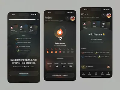 AI Habit Tracker & Streak App UI ai app ai assistant ai coach app design dark ui fitness app habit app habit tracker health app mobile app ui mobile ui productivity app saas app startup app streak streak app task management ui design ux design wellness app