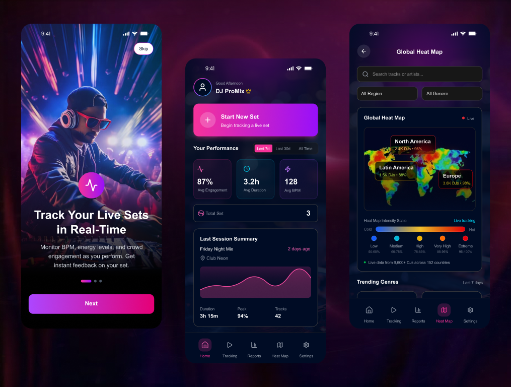 DJ Analytics & AI Stem Separation application appdesign application creativeapp dark app dj dj app dj mix djapp minimalui mobiledesign music app pink app productdesign saasdesign sound sound mix startupdesign ui