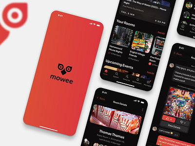 Mowee App - Group Finder cinema dark mode design thinking figma film group find human interface guidelines ios mobile app design movie app orange product design red social media app ui uiux user experience design user interface design ux ux case study