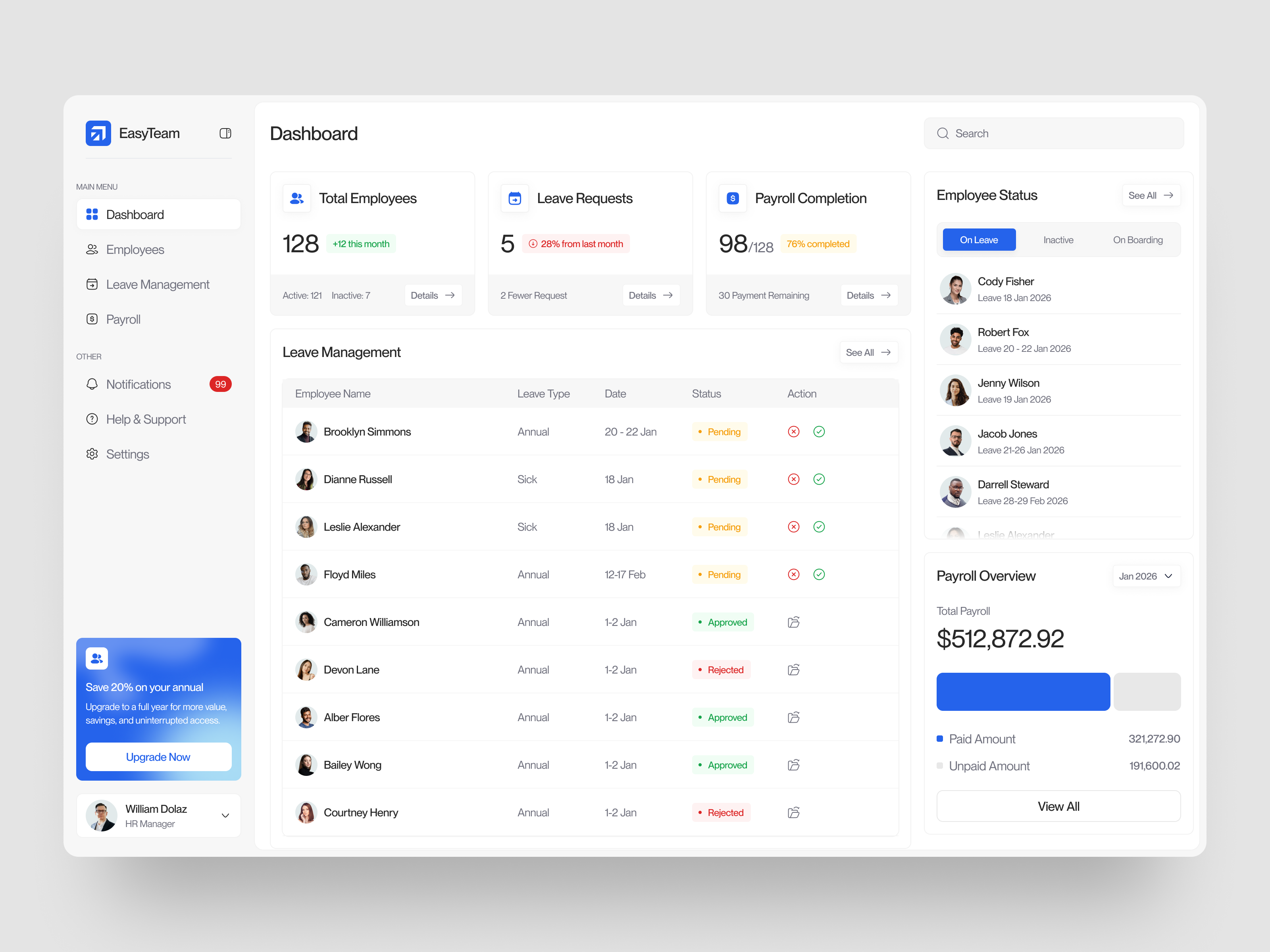 EasyTeam — HR Management Dashboard ai app dashboard employee hr management minimal payroll platform ui ui design uiux ux design