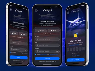 ✈️ Flighti – AI Travel App Authentication UI ai app app design authentication dark mode figma glassmorphism login screen mobile app modern ui onboarding travel app ui ui design