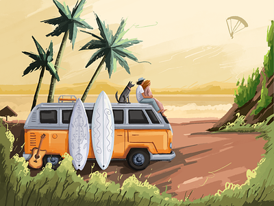 Dreamy mood 🪂 beach camping van couple dog guitar illustration ocean painterly palms people sea sunset surfboards tree