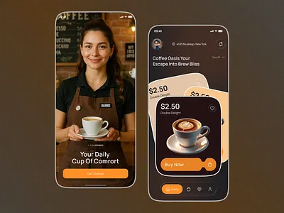 Coffee App UI application application ui brown chocolate coffee coffee shop dark dark mode dark ui food app glassmorphism mobile app mobile app design mobile design mobile ui order app order food order management ui design ux design