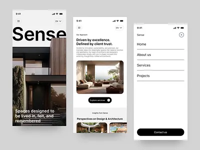 Sense — Architecture Website Mobile UI appdesign architecture clean minimal mobile mobileui mobileweb real estate responsive typography ui uiux ux visualdesign webdesign