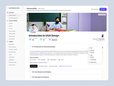AI Edtech Course Management Dashboard UI ai edtech b2b clean ui course creation course design course generate course management course ui edtech education platform feature flow founder growth productdesign saas startup uiux