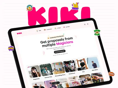 KIKI – A Cutting-Edge Event Booking Web Application | Homepage artist booking branding classy cool ui designsystem ecommerce event homepage logo marketplace mobile app mobileapp pink trending ui uidesign uiux webapp webdesign