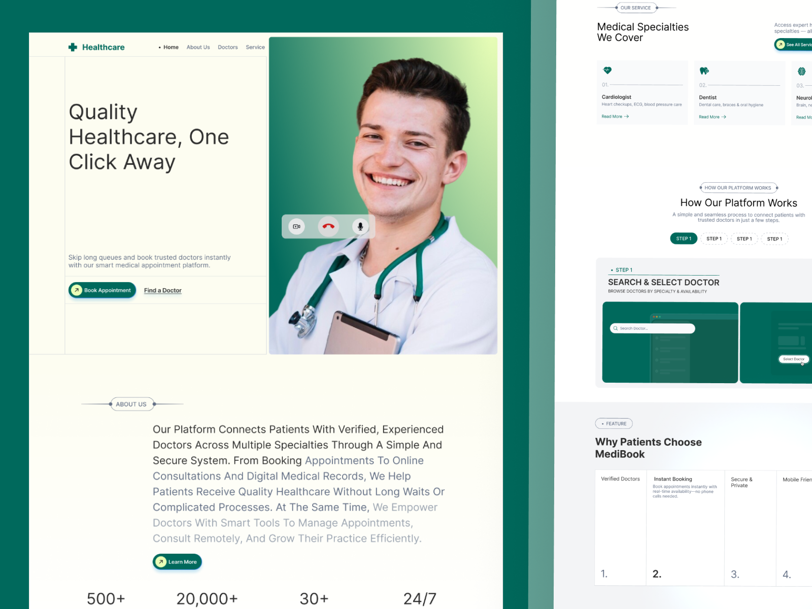 Modern Healthcare Landing Page Design for Appointment Booking appointment booking ui clean ui design doctor booking app figma design healthcare saas healthcare website hospital website design medical landing page medical ui modern landing page saas landing page web ui design
