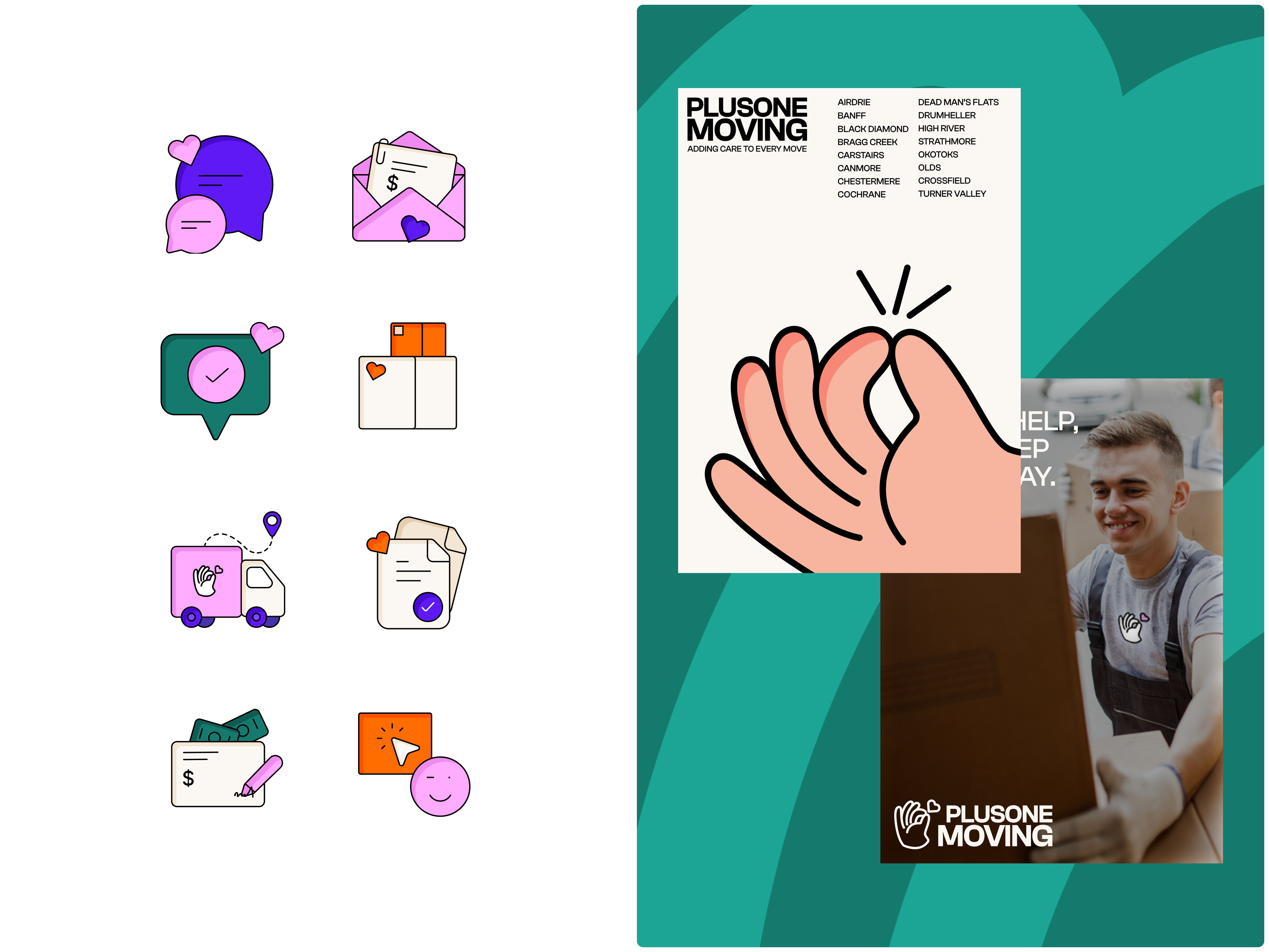 PlusOne Moving - Iconography & Visual Assets brand brand design branding design design system figma graphic design iconography motion design motion graphics poster design visual communication